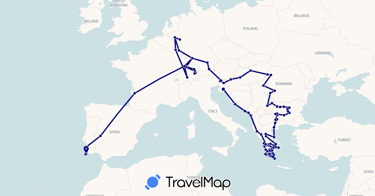 TravelMap itinerary: driving in Albania, Austria, Bulgaria, Switzerland, Germany, Spain, France, Greece, Croatia, Hungary, Liechtenstein, Luxembourg, Montenegro, Portugal, Romania, Serbia, Slovenia (Europe)